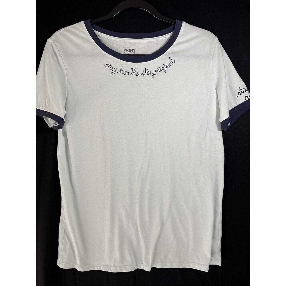 Print Shop Women's Embroidered Blue T Shirt Large Cursive Stay Humble